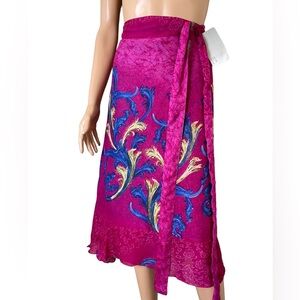 Iris Impressions true wrap skirt pink teal Midi - tie NEW adjustable waist SZ L